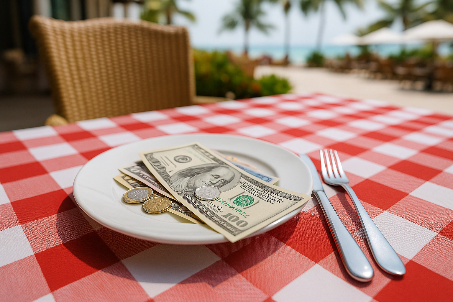 Money on restaurant table with red tablecloth and beach backdrop
